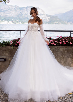 Beaded Lace Tulle Wedding Dress With Detachable Sleeves Beaded Lace Tulle Wedding Dress With Detachable Sleeves